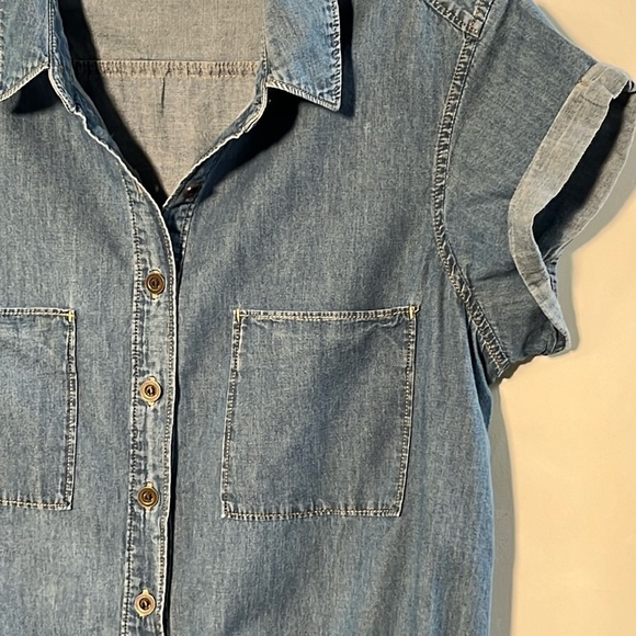 PAIGE Mila Cap SLV Drawstring Waist Cotton Denim Chambray Mini Shirtdress SZ M - Picture 3 of 16